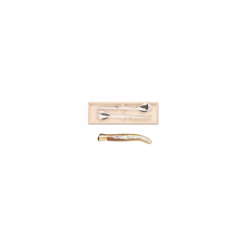 Wood box of Laguiole salad service brass bolster Wood box of Laguiole salad service brass bolster