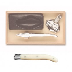 Wood box of Laguiole oyster set stainless steel bolster ivory handle