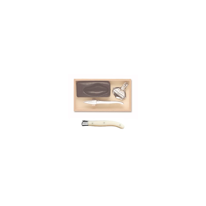Wood box of Laguiole oyster set stainless steel bolster ivory handle Wood box of Laguiole oyster set stainless steel bolster ivory handle