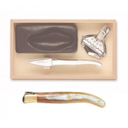 Wood box of Laguiole oyster set brass bolster