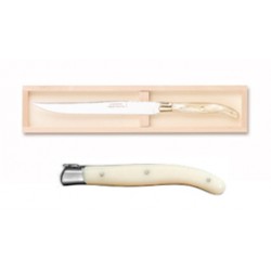 Coffret hêtre couteau à découper super Laguiole mitre inox manche nacrine ivoirine