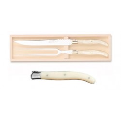 Coffret hêtre service à découper 2 pièces super Laguiole mitre inox manche nacrine ivoirine