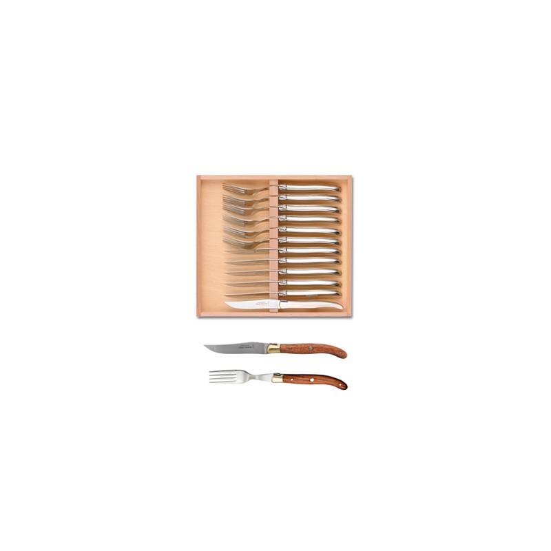 Coffret hêtre 6 couteaux et 6 fourchettes super Laguiole mitre laiton Coffret hêtre 6 couteaux et 6 fourchettes super Laguiole mitre laiton