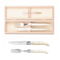 Wood box of 1 Laguiole knife + 1 fork stainless steel bolster ivory handle + 1 small sharpener