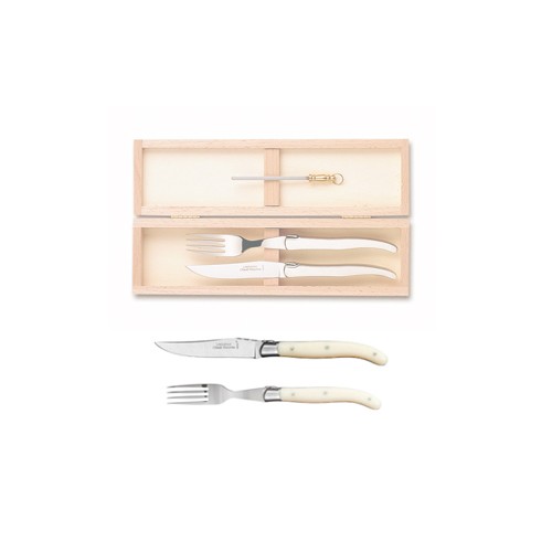 Wood box of 1 Laguiole knife + 1 fork stainless steel bolster ivory handle + 1 small sharpener