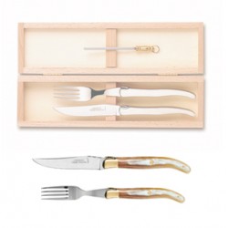 Wood box of 1 Laguiole knife + 1 fork brass bolster + 1 small sharpener
