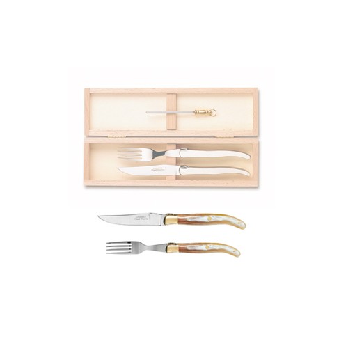 Wood box of 1 Laguiole knife + 1 fork brass bolster + 1 small sharpener