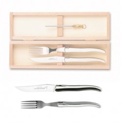 Wood box of 1 Laguiole knife + 1 fork no bolster + 1 small sharpener