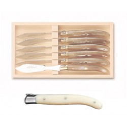 Wood box of 6 Laguiole fish knives stainless steel bolster ivory handle