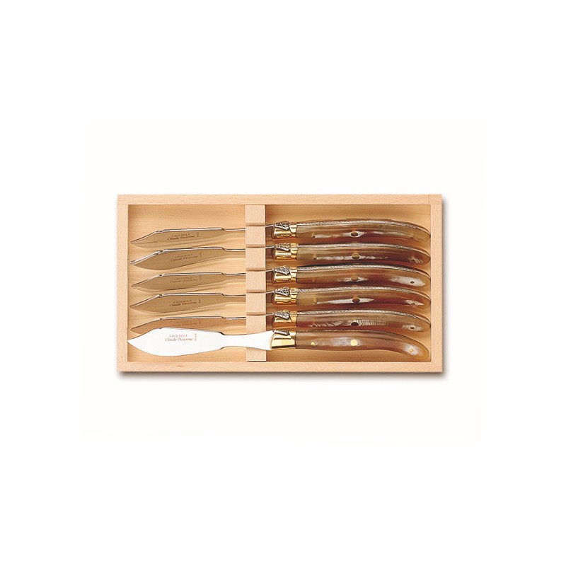 Wood box of 6 Laguiole fish knives brass bolster