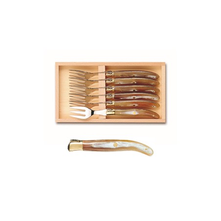 Wood box of 6 Laguiole fish forks brass bolster
