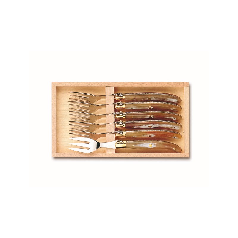 Wood box of 6 Laguiole fish forks brass bolster