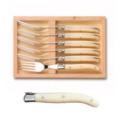 Wood box of 6 Laguiole salad forks stainless steel bolster ivory handle
