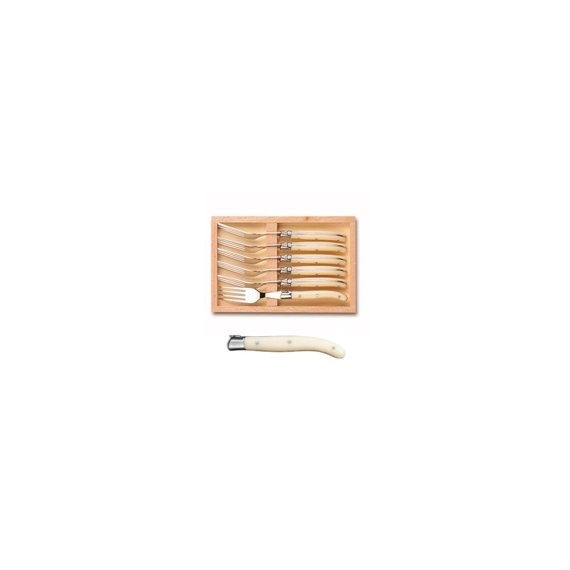 Wood box of 6 Laguiole salad forks stainless steel bolster ivory handle Wood box of 6 Laguiole salad forks stainless steel bolster ivory handle
