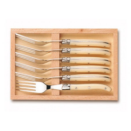 Wood box of 6 Laguiole salad forks stainless steel bolster ivory handle Wood box of 6 Laguiole salad forks stainless steel bolster ivory handle