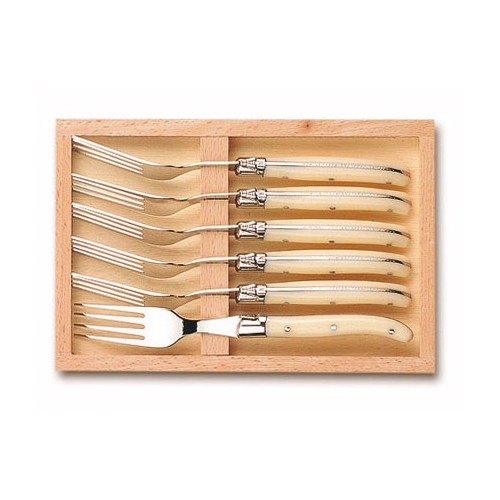 Coffret hêtre 6 fourchettes dessert super Laguiole mitre inox manche nacrine ivoirine