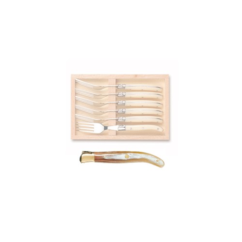 Wood box of 6 Laguiole salad forks brass bolster