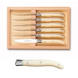 Wood box of 6 Laguiole salad knives stainless steel bolster ivory handle