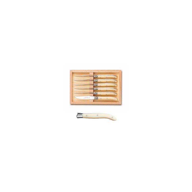 Wood box of 6 Laguiole salad knives stainless steel bolster ivory handle Wood box of 6 Laguiole salad knives stainless steel bolster ivory handle