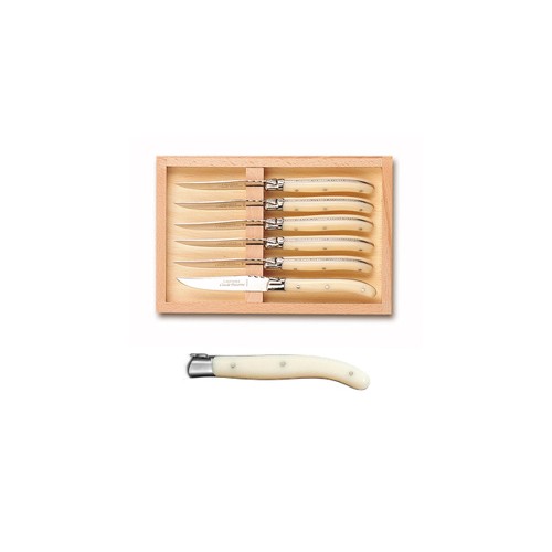 Coffret hêtre 6 couteaux dessert super Laguiole mitre inox manche nacrine ivoirine