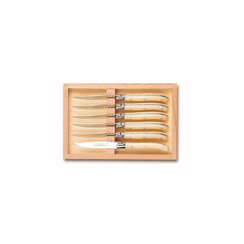 Wood box of 6 Laguiole salad knives stainless steel bolster ivory handle