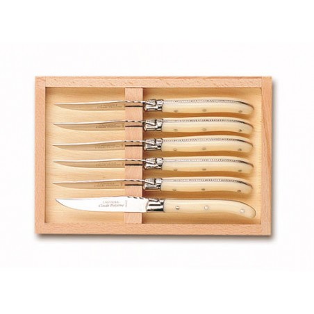 Wood box of 6 Laguiole salad knives stainless steel bolster ivory handle Wood box of 6 Laguiole salad knives stainless steel bolster ivory handle