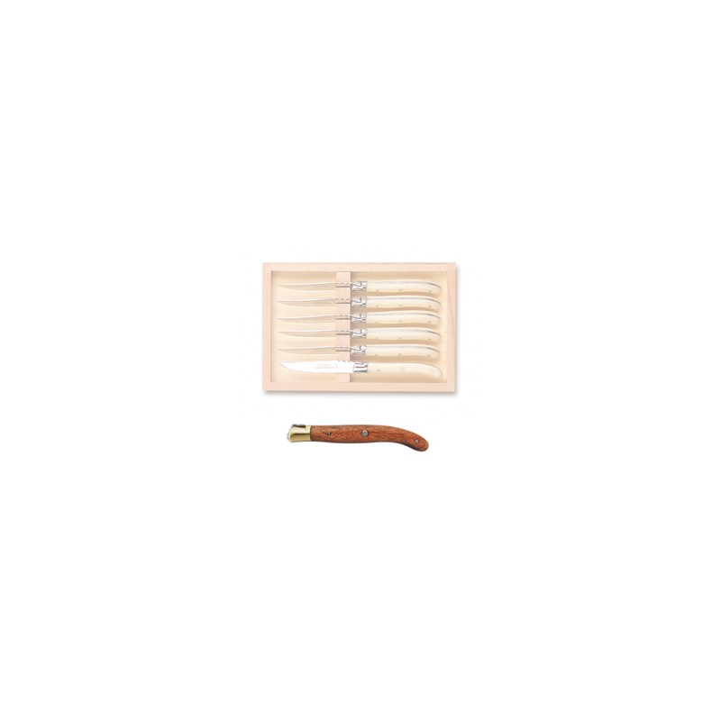 Wood box of 6 Laguiole salad knives brass bolster Wood box of 6 Laguiole salad knives brass bolster