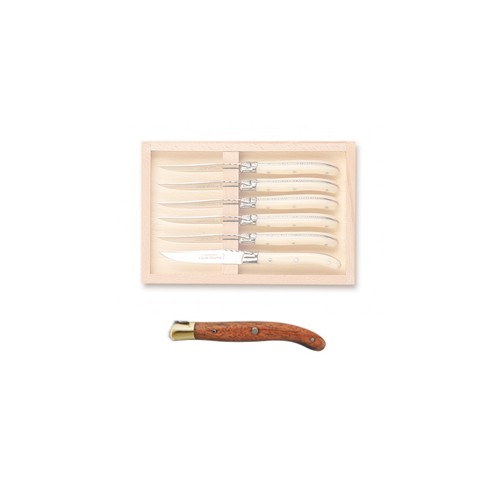 Coffret hêtre 6 couteaux dessert super Laguiole mitre laiton