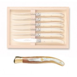 Wood box of 6 Laguiole salad knives brass bolster