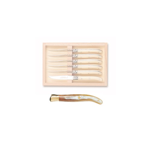 Coffret hêtre 6 couteaux dessert super Laguiole mitre laiton