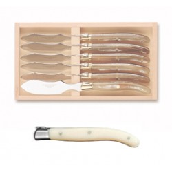 Wood box of 6 Laguiole individual foie gras knives stainless steel bolster ivory handle