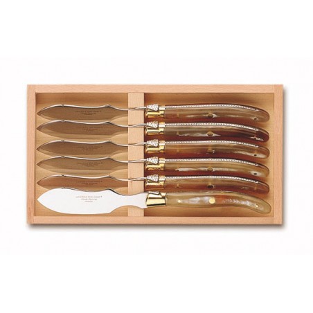 Wood box of 6 Laguiole individual foie gras knives brass bolster Wood box of 6 Laguiole individual foie gras knives brass bolster