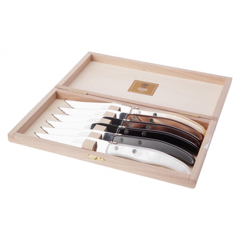 Wood box of 6 Berlingot knives mix coloured resin handle Wood box of 6 Berlingot knives mix coloured resin handle
