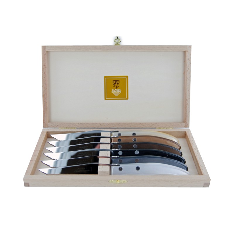 Wood box of 6 Berlingot knives mix coloured resin handle
