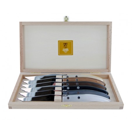 Wood box of 6 Berlingot knives mix coloured resin handle Wood box of 6 Berlingot knives mix coloured resin handle