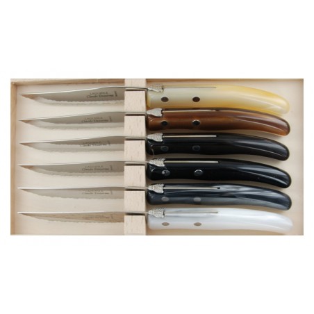 Wood box of 6 Berlingot knives mix coloured resin handle Wood box of 6 Berlingot knives mix coloured resin handle