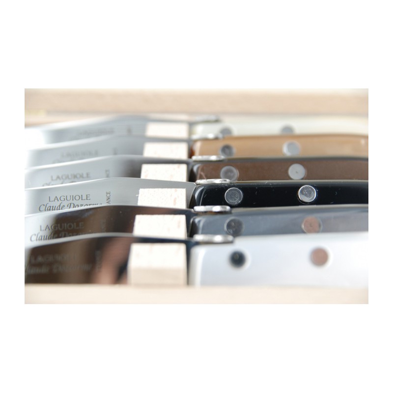 Wood box of 6 Berlingot knives mix coloured resin handle