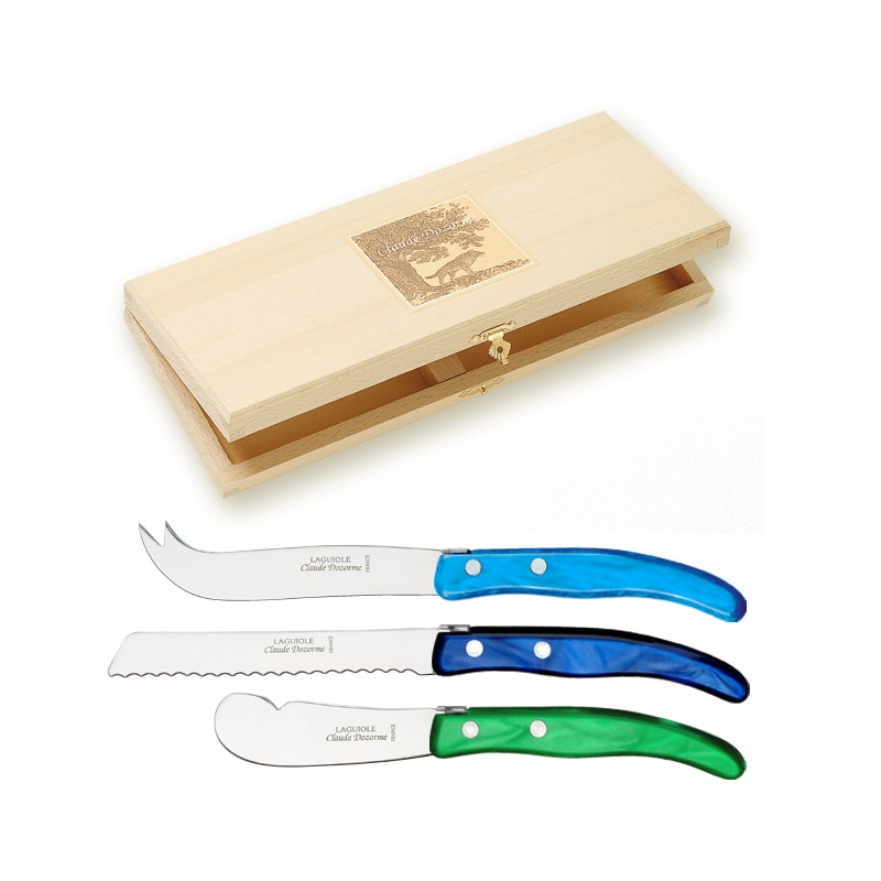 Wood box of Berlingot 3P breakfast set mix coloured resin handle Wood box of Berlingot 3P breakfast set mix coloured resin handle