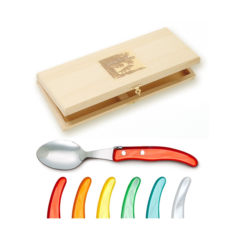 Wood box of 6 Berlingot soup spoons mix coloured resin handle Wood box of 6 Berlingot soup spoons mix coloured resin handle