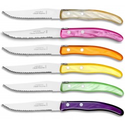 Coffret hêtre berlingot 12 couteaux manche nacrine panachée