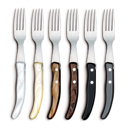 Wood box berlingot 6 knives and 6 forks mixed color resin handle Wood box berlingot 6 knives and 6 forks mixed color resin handle