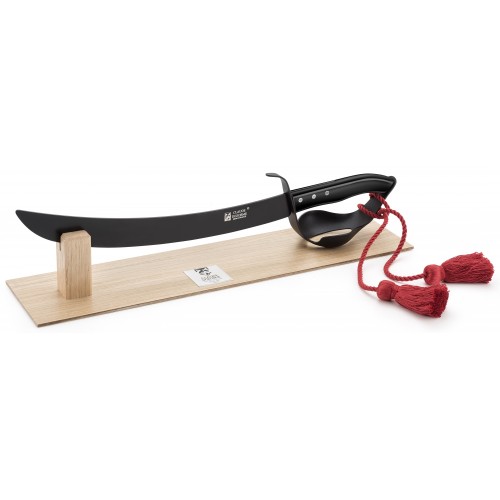 Sabre à Champagne manche hêtre garde alu sur socle chêne Claude Dozorme