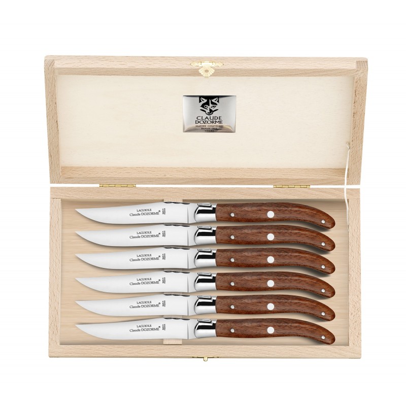 Wood box of 6 Laguiole knives stainless steel bolster Claude Dozorme Wood box of 6 Laguiole knives stainless steel bolster Claude Dozorme