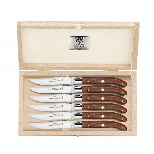 Wood box of 6 Laguiole knives stainless steel bolster Claude Dozorme