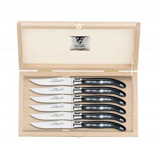 Wood box of 6 Laguiole knives stainless steel bolster Claude Dozorme