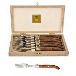 Wood box of 6 Laguiole forks brass bolster