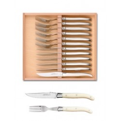 Wood box of Laguiole 6 knives + 6 forks stainless steel bolster ivory handle