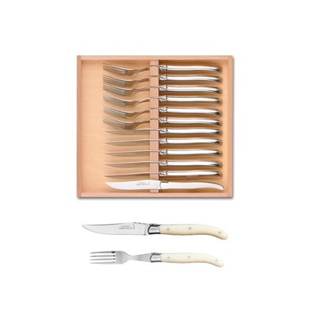 Wood box of Laguiole 6 knives + 6 forks stainless steel bolster ivory handle