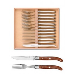 Wood box of Laguiole 6 knives + 6 forks stainless steel bolster ivory handle