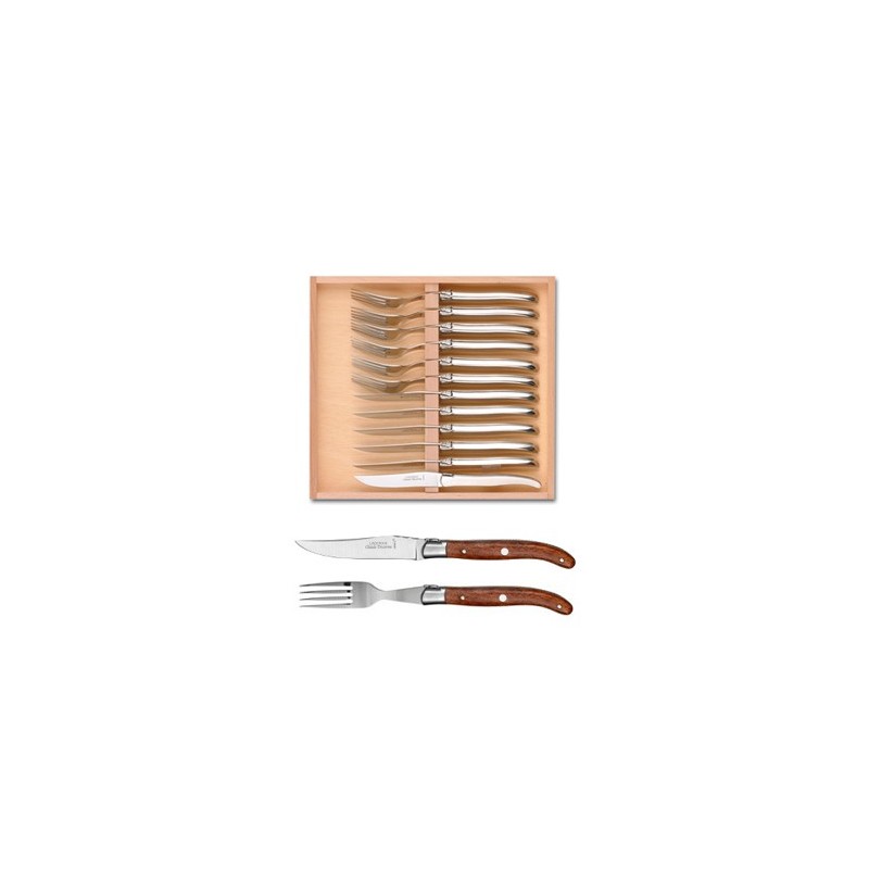 Wood box of Laguiole 6 knives + 6 forks stainless steel bolster ivory handle